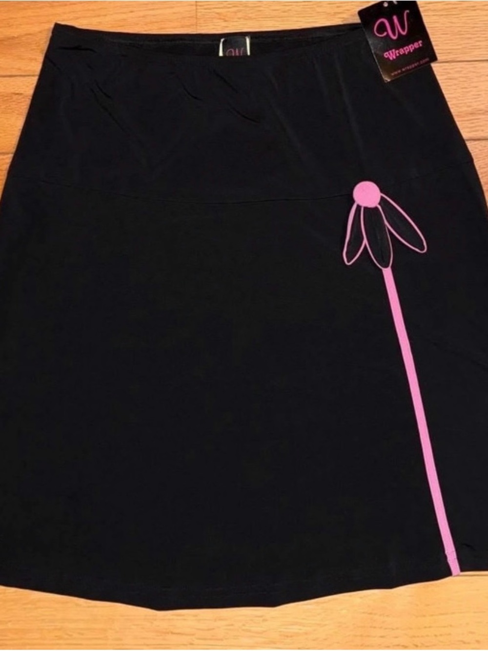 Unique Y2K style Wrapper Black A-Line Skirt with Pink Floral Stem